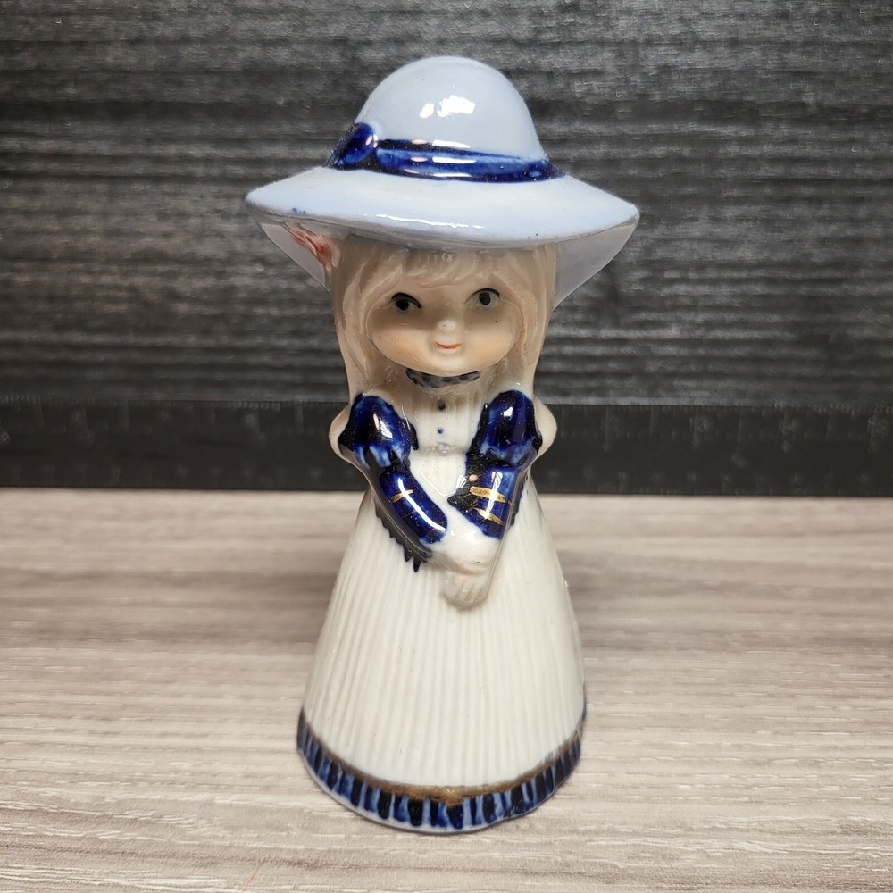 Vintage Porcelain Girl Figurine Dinner Bell Blue White Hat Gold Trim 4 Inch
